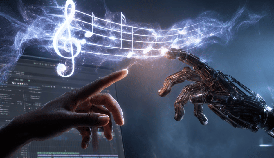 „Symbolbild für KI-Musik: Mensch und künstliche Intelligenz komponieren gemeinsam ein Musikstück – Verbindung von Technologie