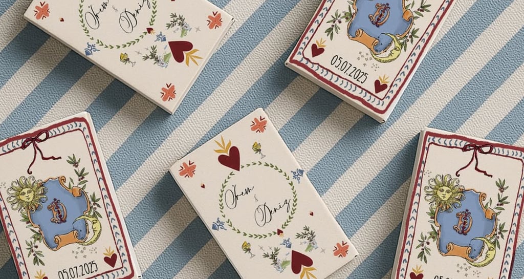 Custom wedding favor boxes with hearts and celestial designs on a blue striped background.