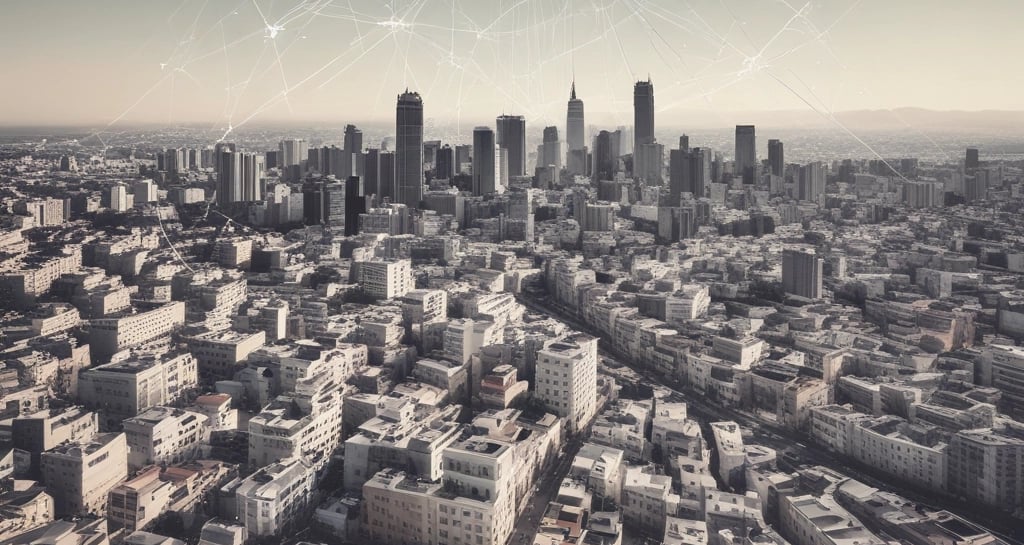 Cityscape of Algiers with digital network overlay symbolizing connectivity.