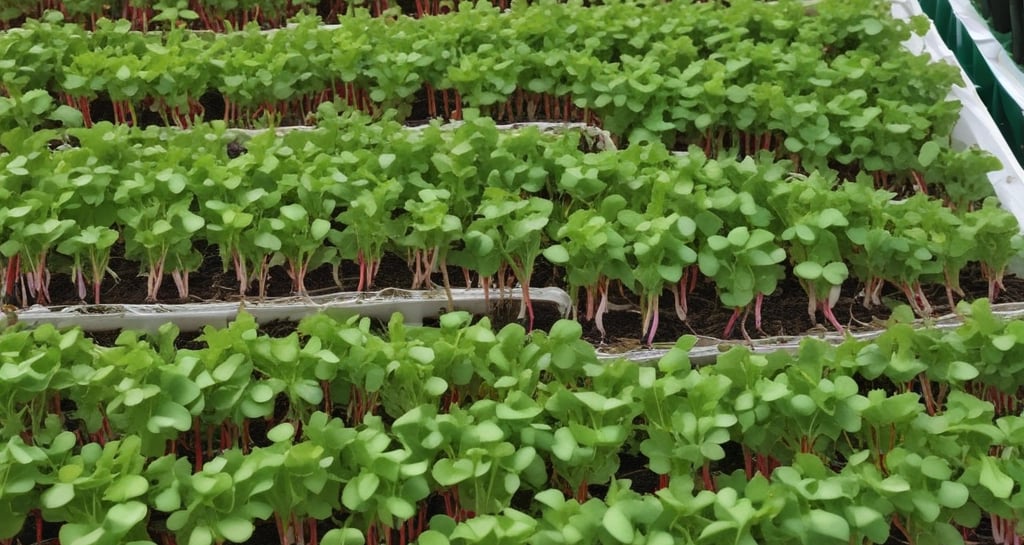 Close-up of fresh radish microgreens with morning dew on leaves.
