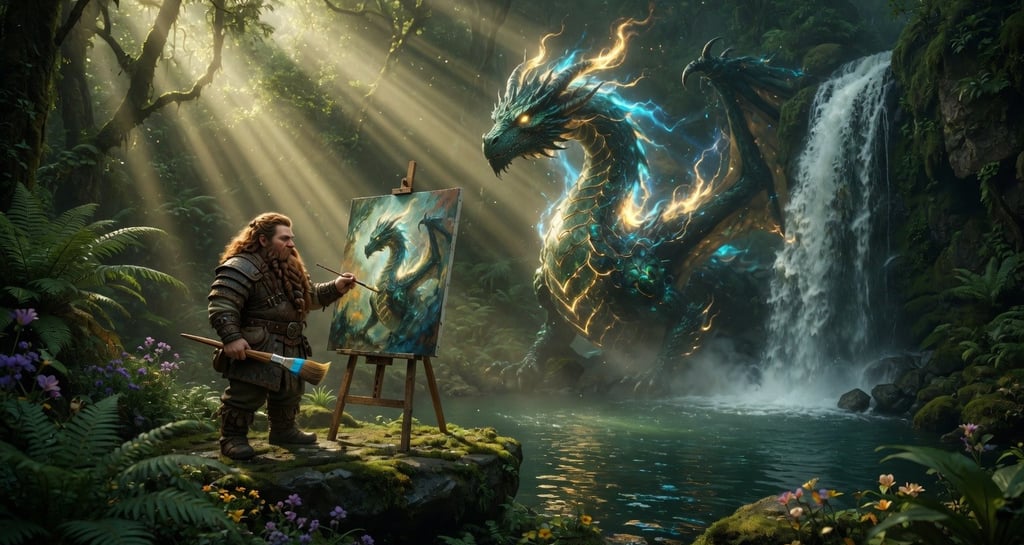 A fantasy dwarf artist paints a glowing blue dragon portrait in a lush jungle with a waterfall.