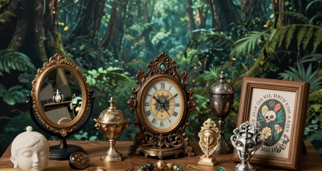 A mystical forest backdrop showcasing assorted unique trinkets laid out on a wooden table.