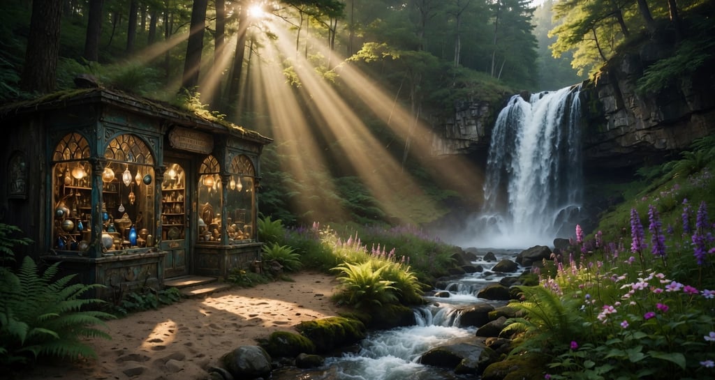Magical forest shop next to a cascading waterfall with sunbeams shining through the trees.