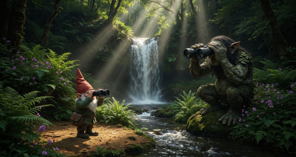 A garden gnome and a forest troll use binoculars near a magical waterfall in a sunlit fantasy jungle.