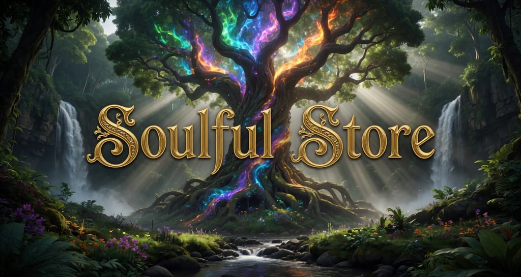 Magical glowing tree of life with colorful energy between waterfalls for Soulful Store branding.