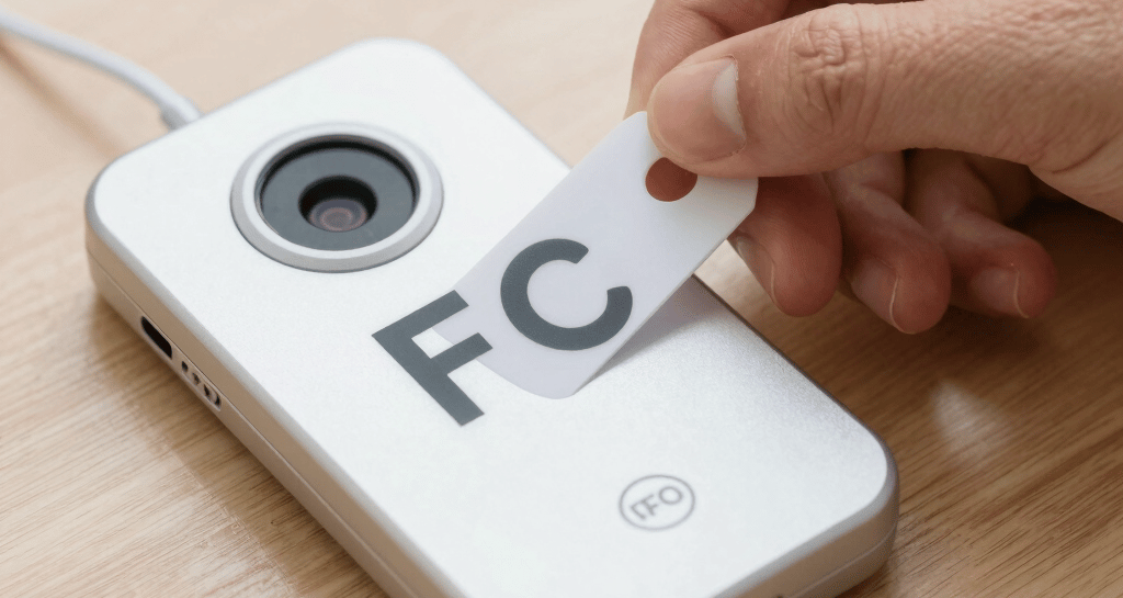 Close-up of a sleek NFC card reader with red and gray accents matching Datlog's branding