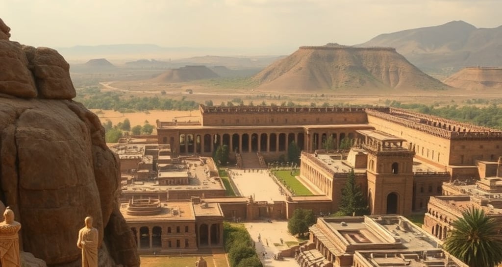 Ancient Ethiopian city with monumental sandstone architecture, statues, and mountain landscape in th