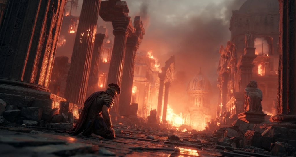 Roman soldier kneeling in the ruins of a burning ancient city, surrounded by collapsing columns and