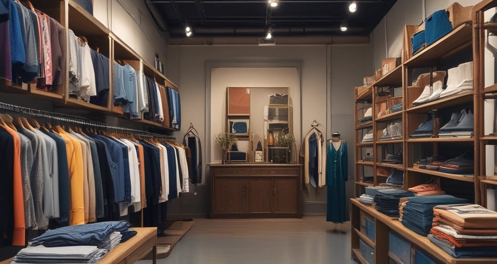 A neatly stacked pile of clothing with visible brand logos, including Nike and a horse logo. The clothes are mainly in dark and neutral colors, with a prominent black piece featuring a large white swoosh. A subtle vertical obstruction divides the image, adding a sense of depth.