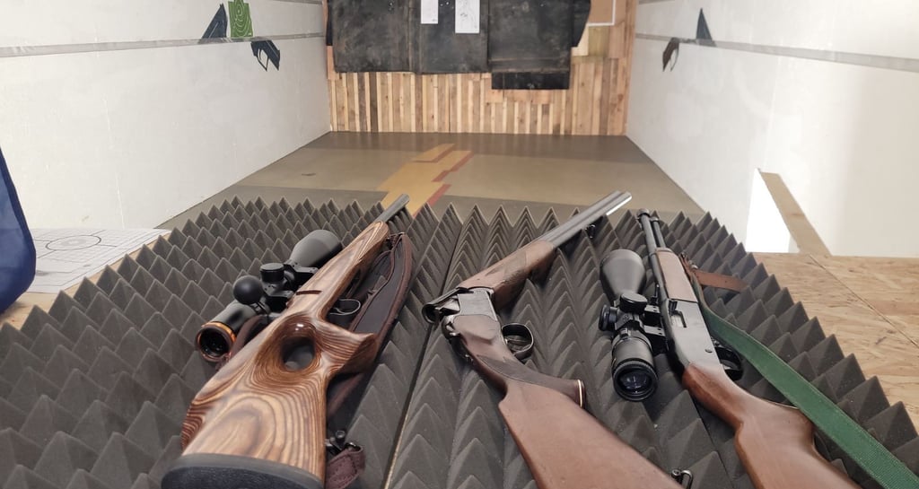 gulintys ginklai ant stalo šaudykloje
