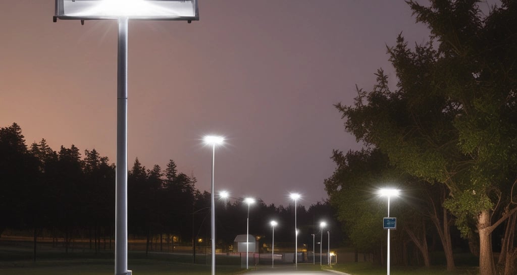 A silhouette of a tall street light with solar panels stands against a gradient sky transitioning from purple to pink. Electrical wires extend from the pole on the left side.