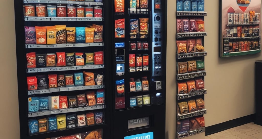 A dimly lit vending machine filled with various snack items, including chips and candy. The image features bright packs in a range of colors such as blue, red, and yellow. The vending machine is surrounded by darkness, emphasizing its illuminated display.