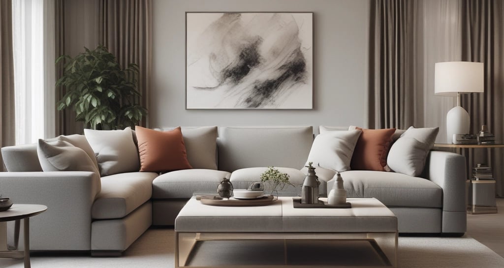 A person wearing a maroon suit is leaning back while vacuuming a rug in a neatly arranged room. The room features large windows with black frames, a plant, and various pieces of furniture such as a yellow armchair and a brown sofa. The walls are adorned with framed pictures and artwork.