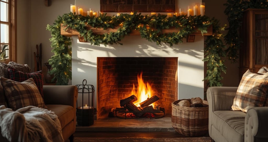 cozy living room with a fireplace with candles, and some Christmas decorations