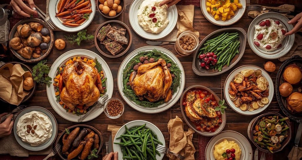 Festive Christmas meal with roast chicken, colorful sides, and desserts.