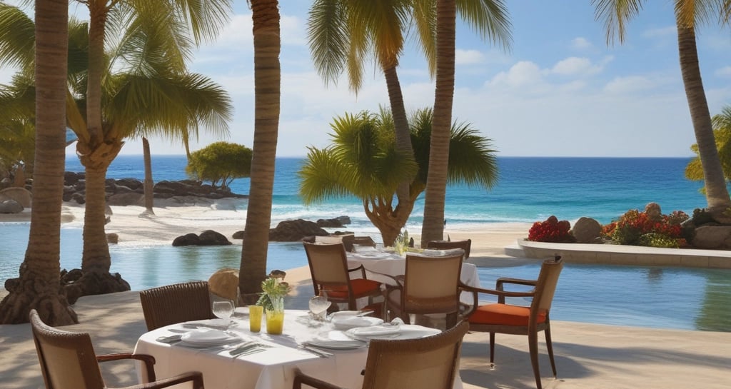 Romantic couple enjoying a sunset dinner on a private beach deck.