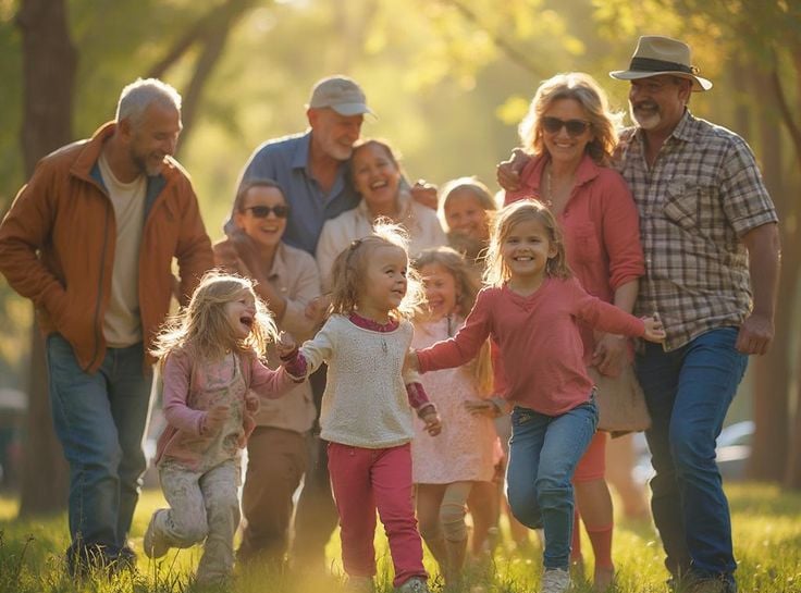 uma família de quatro crianças e seus pais em um parque