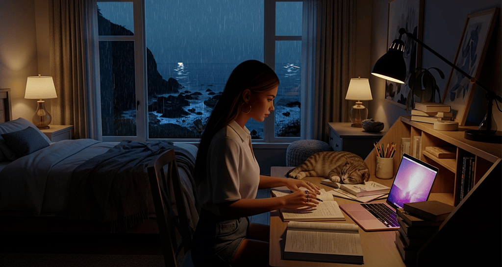Ai avatar study with me. Rain sounds and ambience for studying.