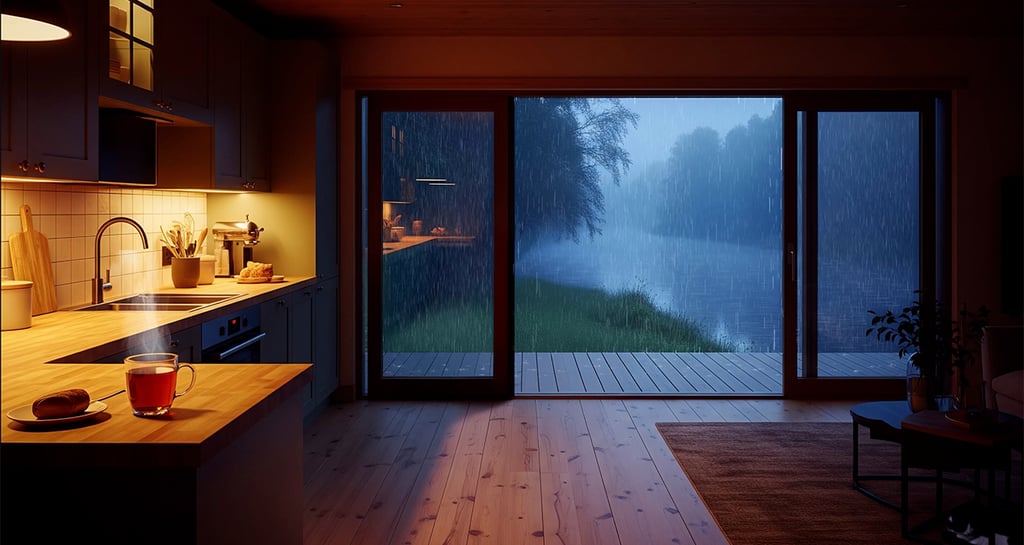 A cozy aesthetic kitchen with rain ambience sound on a summer night. Background for studying.