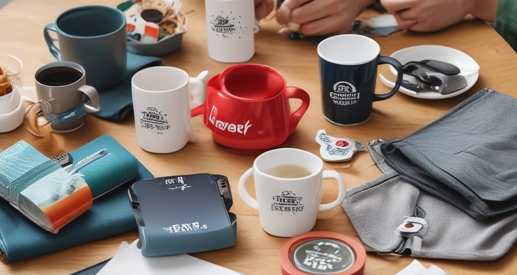 Finished promotional banners hanging in a corporate office lobby, showcasing vivid branding.