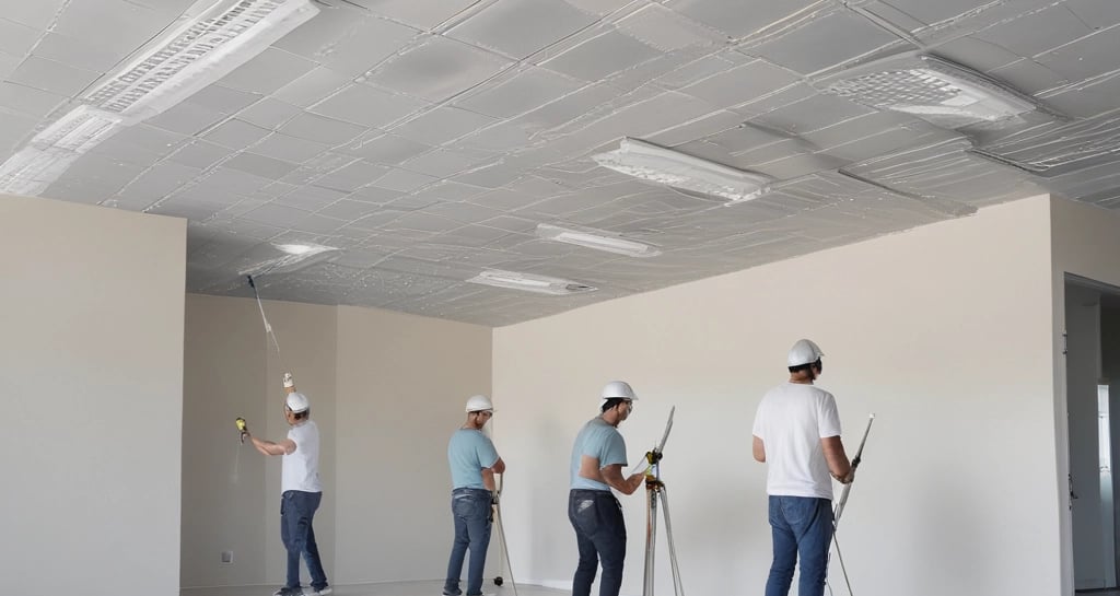 Construction workers installing lightweight dry wall panels on a building site