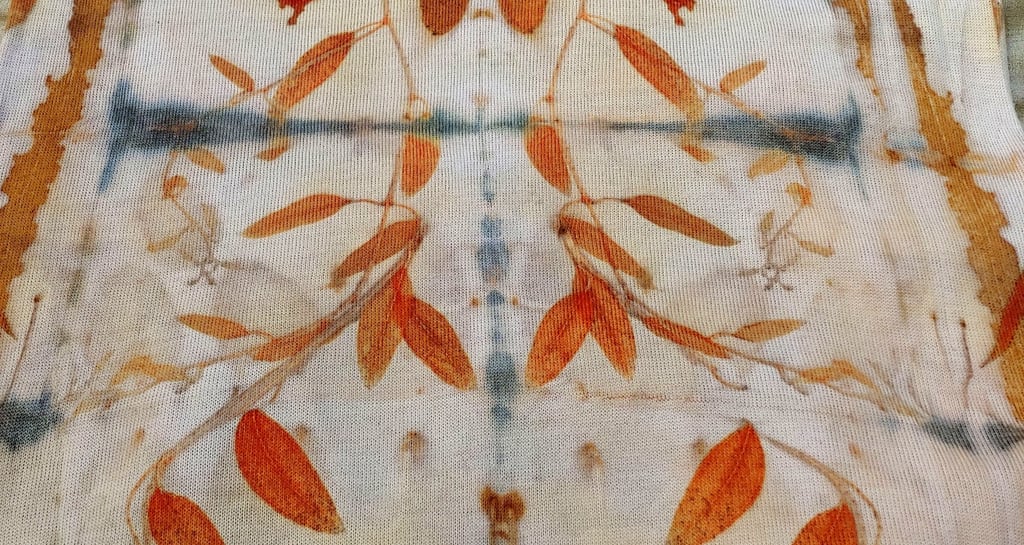 Eco-printed eucalyptus leaves on wool.