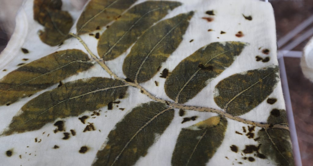 Eco-printed printed walnut leaf on merino wool jersey. 