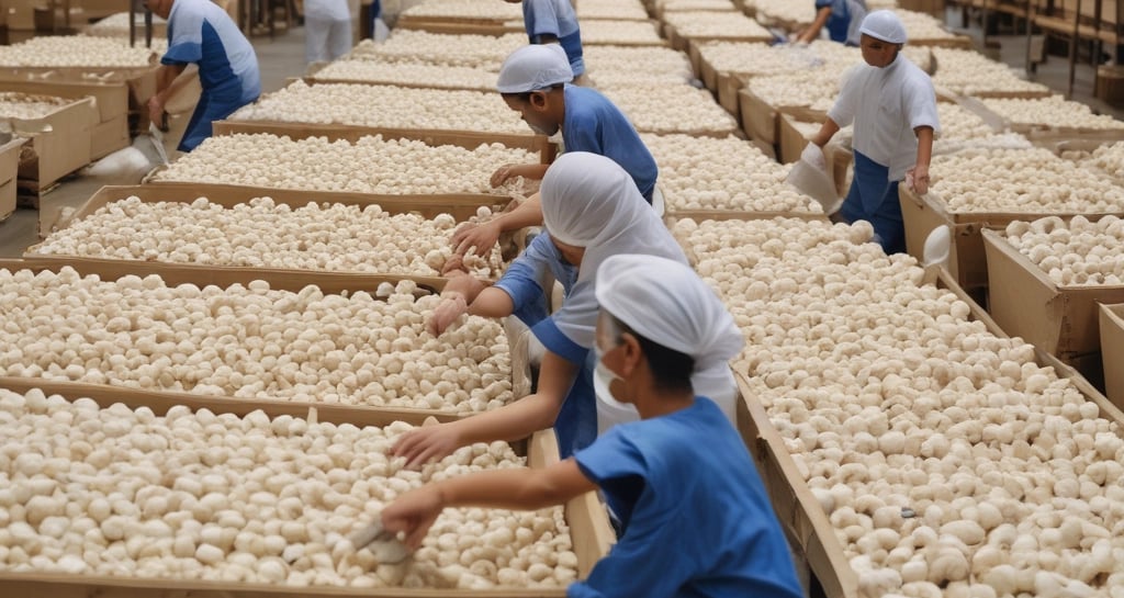 Workers carefully handling and sorting agricultural commodities in warehouse.