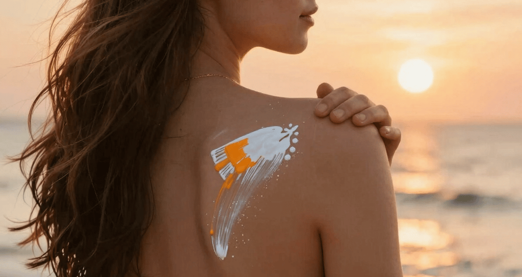 Close-up of a glowing serum bottle reflecting soft sunset hues.