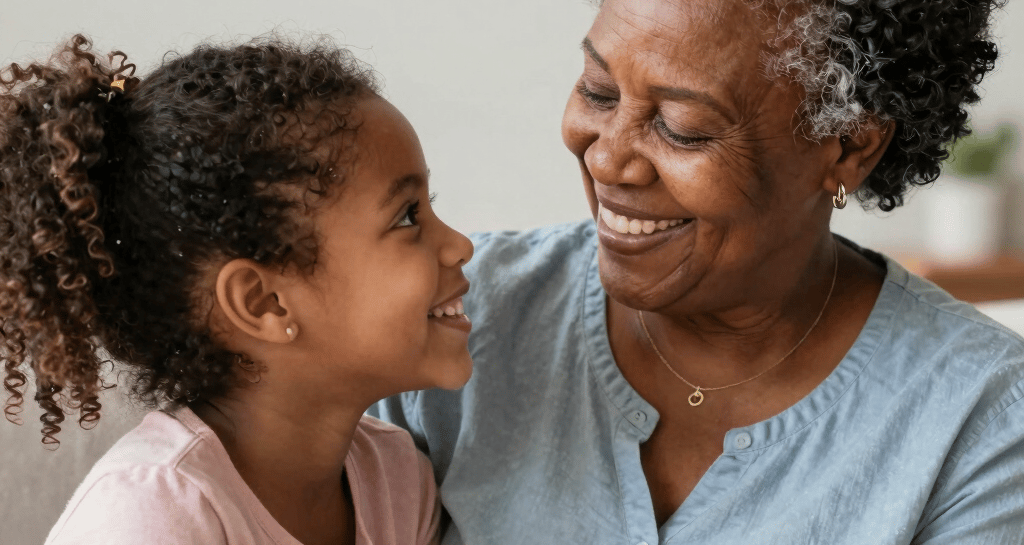 A nurse assisting an elderly man with his morning routine, both sharing a warm smile.