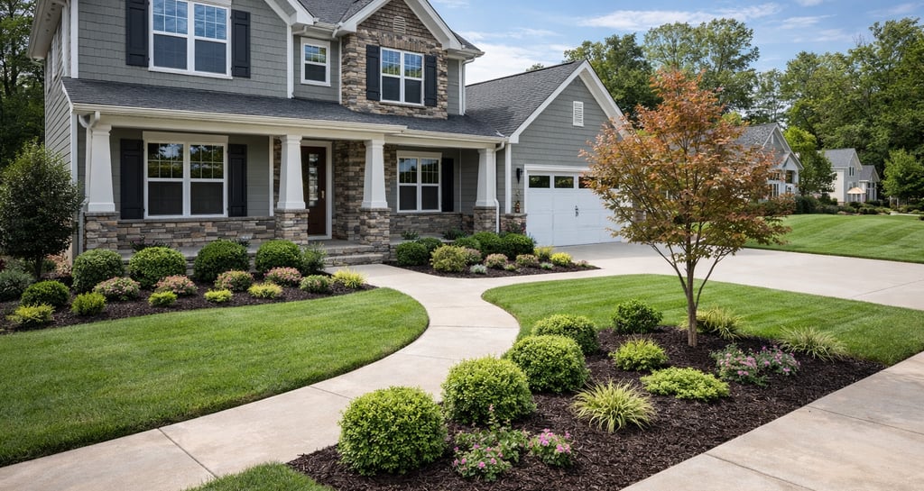 front yard landscaping with fresh mulch, trimmed shrubs and green lawn in Garner, NC