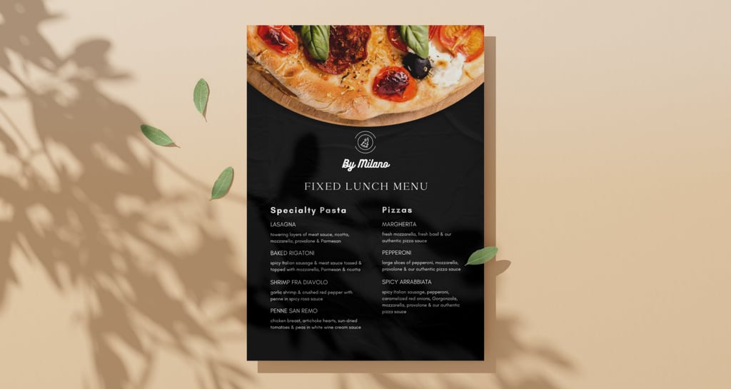 an italian restaurant menu for fixed lunch featuring specialty pasta and pizza