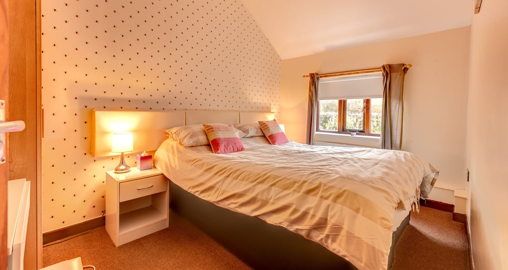 Cozy modern bedroom with patterned wallpaper, bedside lamp, and natural light from a window.