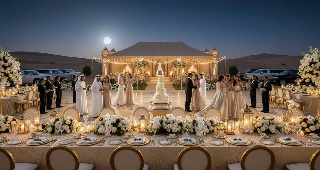 Luxury desert wedding reception with elegant floral tablescapes, a white tiered cake, and guests under a full moon.