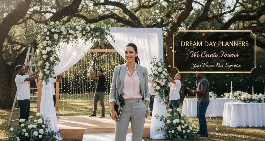 Professional wedding planner organizing an outdoor ceremony under oak trees with floral arch decor.