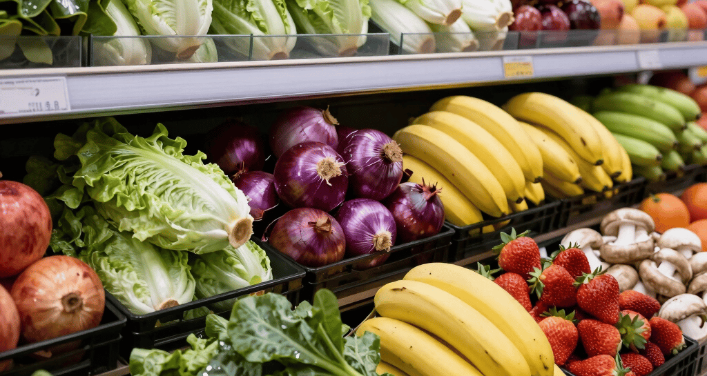 A vibrant display of fresh fruits and vegetables from Country Fruit Bathurst, showcasing colorful produce stacked neatly.