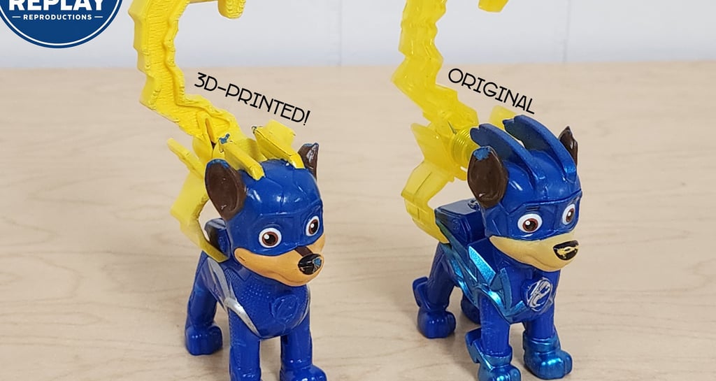 A comparison of a 3D-printed replacement hook and an original PAW Patrol Chase toy accessory.