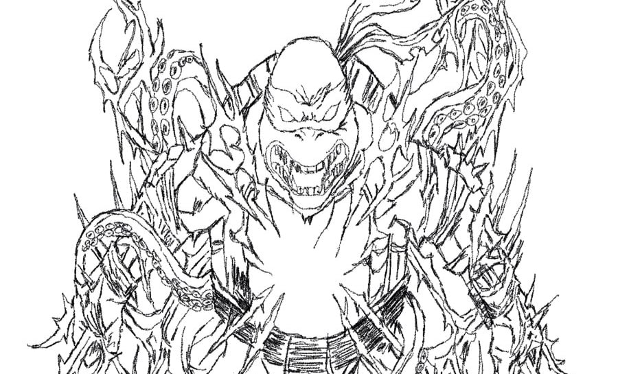 A black and white sketch of a mutant turtle character entwined with sharp thorns and octopus tentacles.
