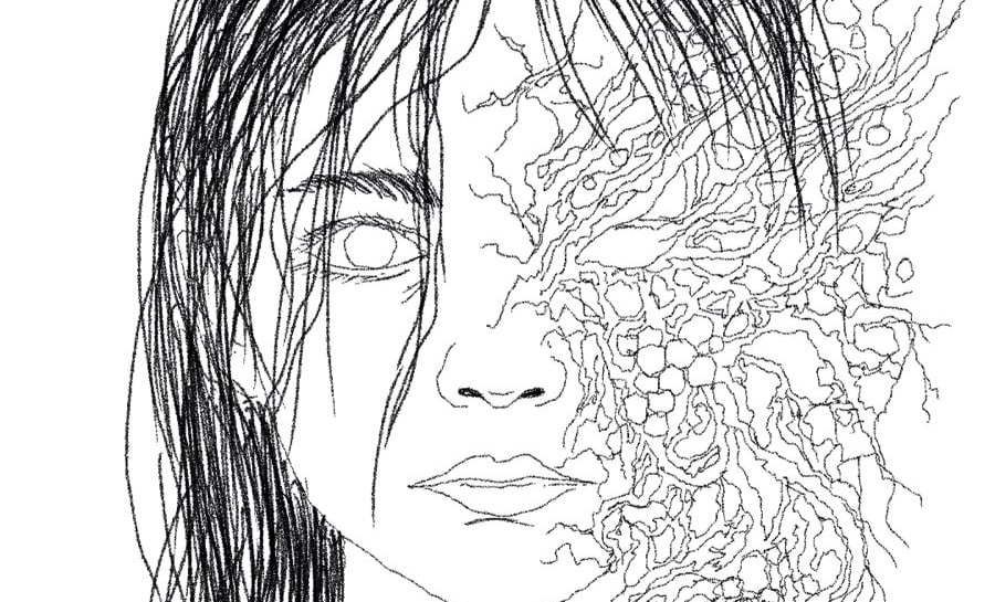 A haunting digital ink drawing of a woman's face, with the right side disintegrating into intricate, organic, root-like