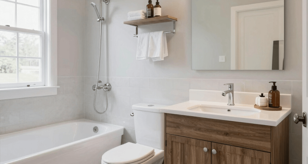 Close-up of custom cabinetry and polished fixtures in a recently remodeled Georgia bathroom.