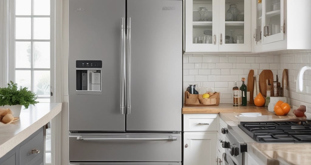 Image of a spacious kitchen with a technician checking a large freezer unit