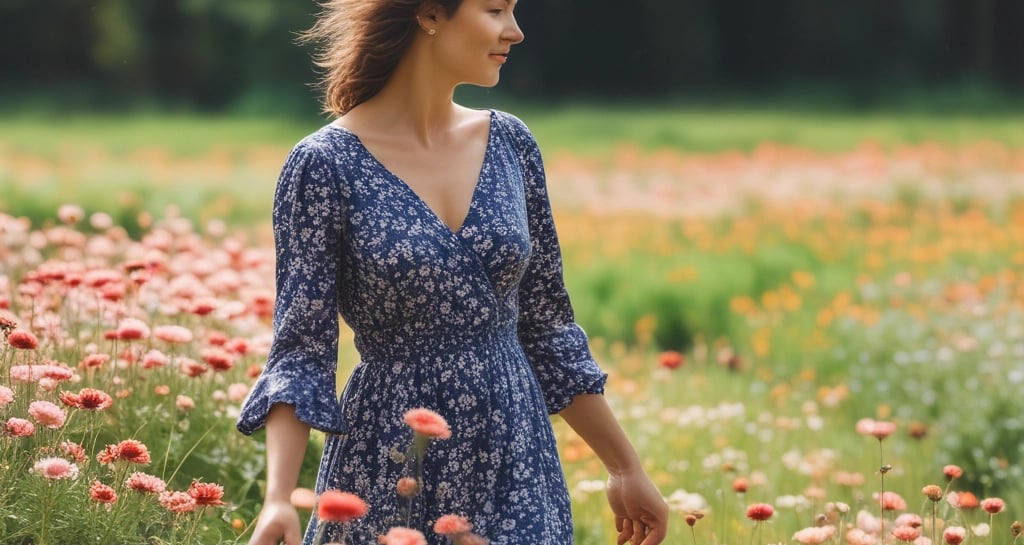 A sunlit spring outfit featuring a flowing dress and delicate accessories on a minimalist backdrop.