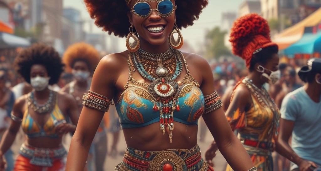 A lively street performance with dancers in colorful traditional attire moving to afrobeat music.