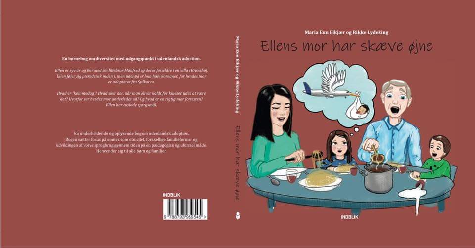 Illustrated book cover for Ellens mor har skæve øjne showing a family eating noodles at a table.