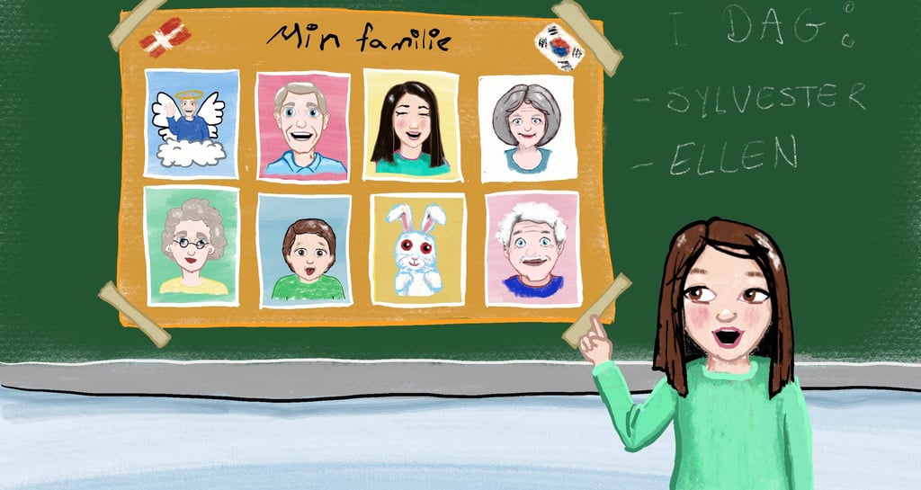 A student presenting a family tree poster with portraits and flags on a green chalkboard in a classroom.