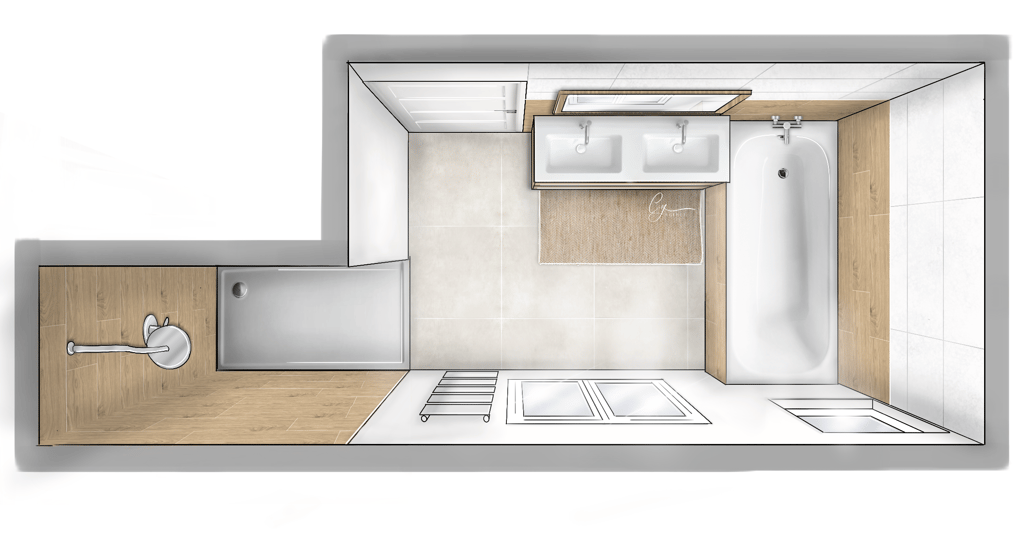 Dessin d'une salle de bain en vue plongeante sur Procreate