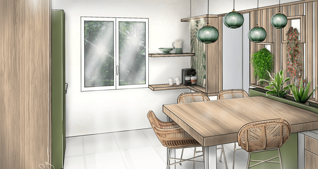 Dessin d'une cuisine bohème verte en pespective grâce à l'application Procreate