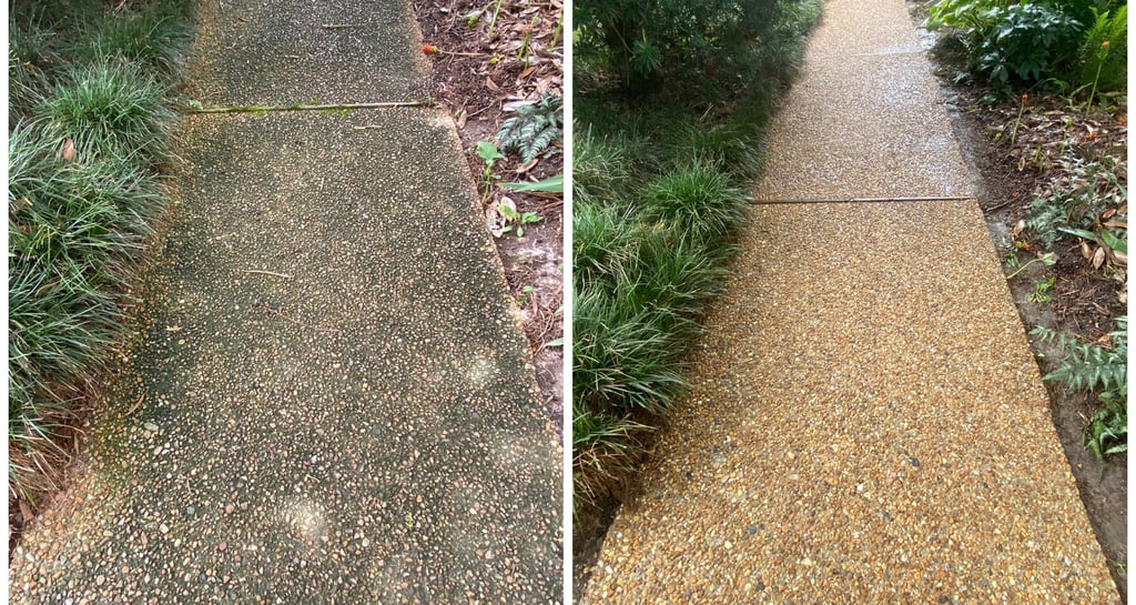 Before and after pressure washing a dirty pebble stone garden walkway path.