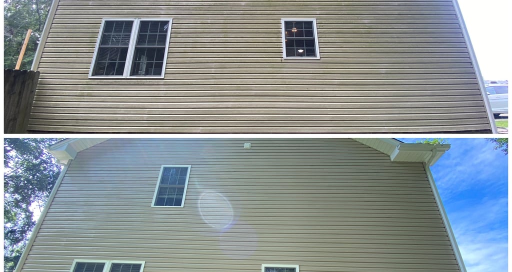Before and after soft wash house pressure washing service on tan vinyl siding.