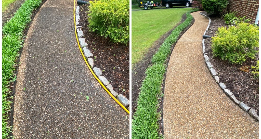 Before and after pressure washing a curved aggregate concrete walkway next to a brick house and lawn.
